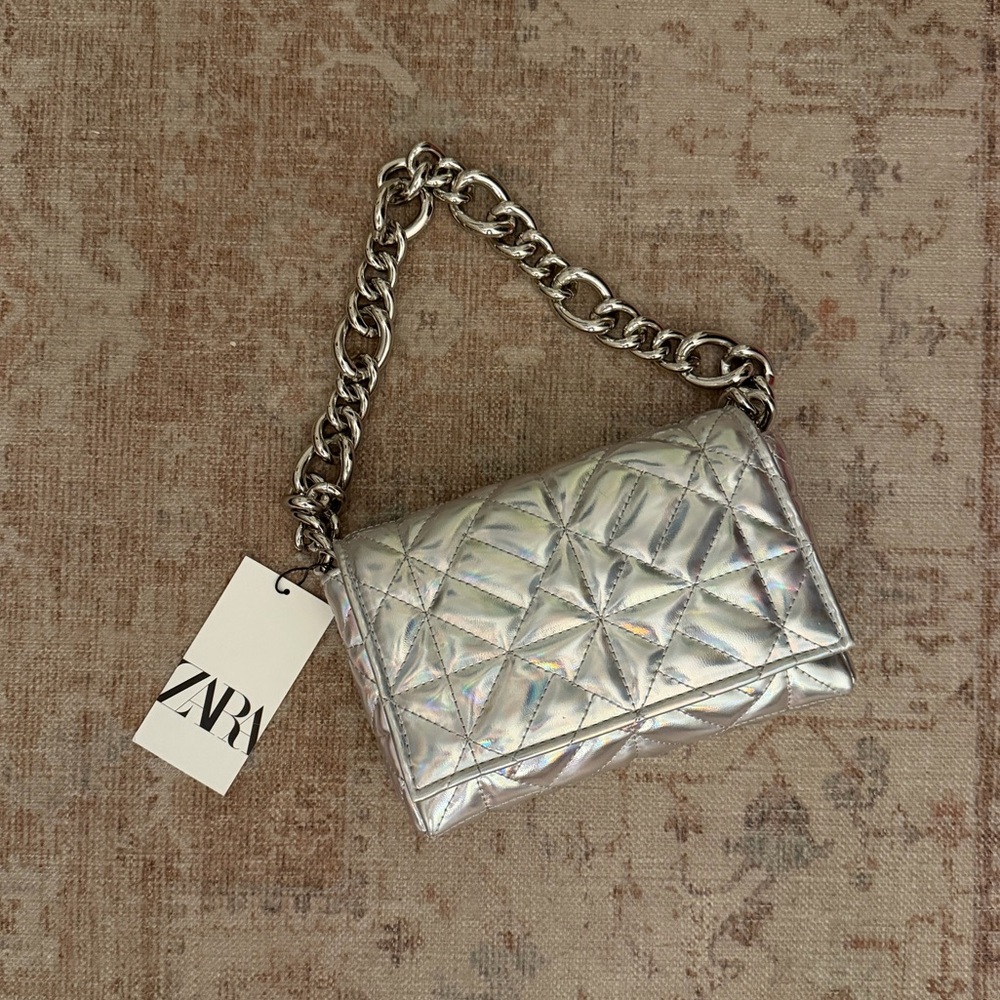 ZARA Silver Quilted Mini Chain Bag